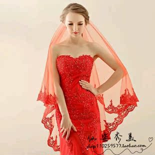 新娘婚纱礼服韩式红色3米盖头头纱超长蕾丝花边结婚拖尾大促