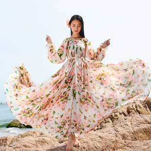 2015春秋装女装长袖碎花雪纺，连衣裙波西米亚，长裙大摆沙滩裙子