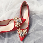 粗跟真皮羊皮女2021春季婚鞋女大红色新娘鞋，水钻尖头高跟单鞋