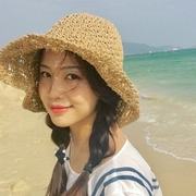 夏季女士凉帽可折叠手工花朵草编钩针 镂空树叶草帽 沙滩遮阳帽女