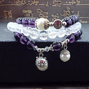 s419''梦幻紫水晶搭纯净白色爆花晶水晶手链，多层陶瓷猫吊坠手链