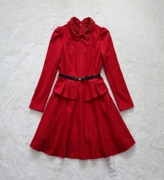 冬春秋女甜美红色套头长袖修身微弹羊毛呢a型中裙连衣裙