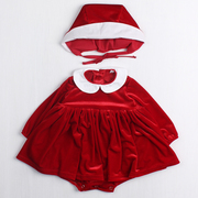 韩国婴儿衣服童装冬季女宝宝红色连衣裙娃娃领裙边丝绒连体衣