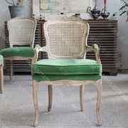法式美式靠背藤编扶手餐椅子亚麻布艺实木橡木风化灰做旧轻奢家用