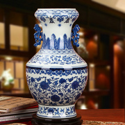景德镇陶瓷器手绘青花，缠枝花卉双耳金钟大花瓶古典中式家居摆件