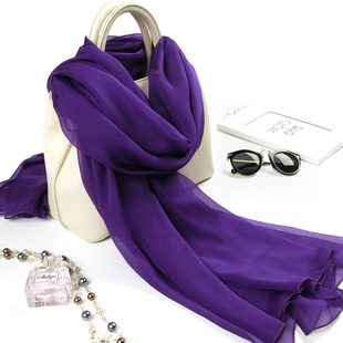 紫色丝巾纯色春秋薄款真丝，雪纺夏季围巾，桑蚕丝披肩女防晒百搭纱巾