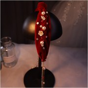韩式复古酒红色丝绒软发带，新娘结婚敬酒礼服宴会流苏串珠发箍