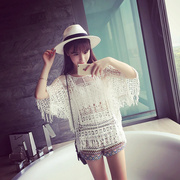 夏装韩版女装百搭镂空钩花性感蝙蝠蕾丝衫流苏边蕾丝罩衫