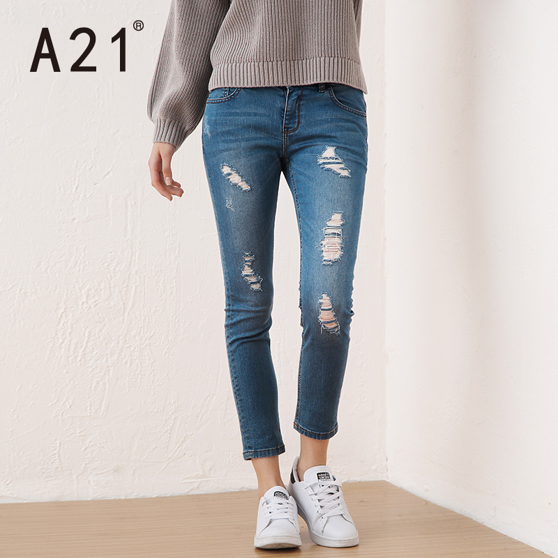 A21女装低腰弹力牛仔裤 时尚破洞小脚九分裤