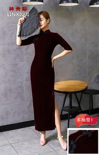 2022金丝绒旗袍长款旗袍，长袖宴会表演服婚礼，修身加大码连衣裙女