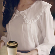 韩版文艺范娃娃(范娃娃)领白色，雪纺衫女上衣，灯笼袖荷叶边学生长袖打底衬衫