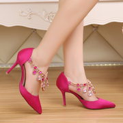 水钻红色白色粉色尖头高跟鞋细跟新娘鞋婚鞋，伴娘女鞋中跟单鞋