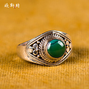 925银西藏首饰戒指 尼泊尔手工天然松石西藏民族风指环 可调大小