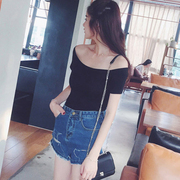 夏秋季(夏秋季)韩版莫代尔棉，短袖女t恤露肩打底衫一字领上衣修身纯色体恤