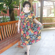 中老年女装时尚印花短袖连衣裙夏季特大超胖妈妈奶奶冰丝裙子