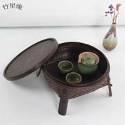 日式漆器 茶具收纳盒 仿古做旧收纳篮 竹编茶道收纳筐 带盖竹编盒