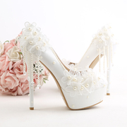 2023年婚鞋白色婚纱鞋花朵新娘超高跟鞋细跟女单鞋1214cm