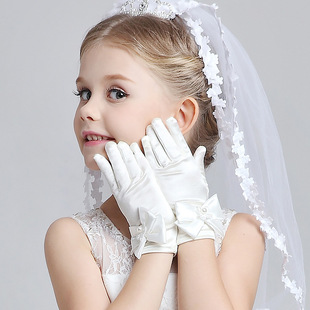 muse儿童婚纱花童礼服手套女童公主，裙弹力色丁手套新娘结婚手套白