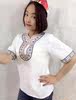 新疆棉舞蹈女装短袖服装饭店工作服情侣装圆V领夏季玫红绣花衬衫