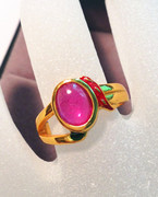 925泰国珐琅彩戒指，纯银鎏金粉红红宝石戒指泰国纯手工工艺制作