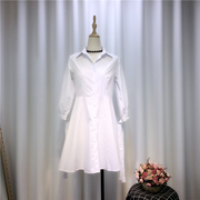七分袖衬衫领连衣裙，女春韩国复古气质，系带衬衣裙简约白色中长翻领