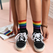 彩虹袜子女韩国糖果色条纹纯棉中筒袜露出来好看搭配小白鞋的棉袜
