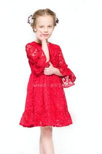 春秋款 大红色 连衣裙 小童装 女童 喇叭袖 蕾丝 荷叶边 连衣裙子