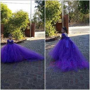 女童表演拖尾公主裙儿童拖地裙，女童婚纱裙，儿童礼服拖地蓬蓬裙紫色
