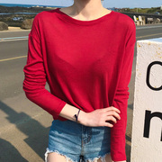 韩国东大门女装秋天轻薄舒适糖果红色长袖打底衫 圆领休闲宽松T恤