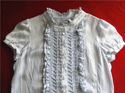 658女装夏装韩国衣索复古短袖衬衫中长淡兰色连衣裙蕾丝褶皱160码