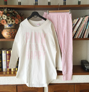 秋季中长款睡衣女韩版可爱裤卡通家居服，套装pink纯棉长袖长裤睡衣