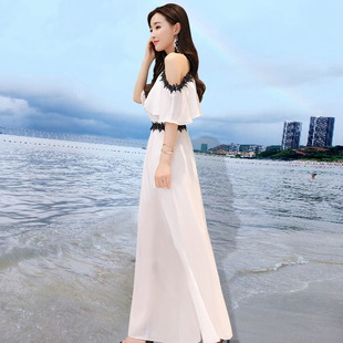 一字肩露肩雪纺裙子女夏吊带(夏吊带)白色连衣裙长裙巴厘岛海边度假沙滩裙