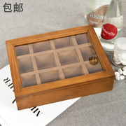 zakka复古实木首饰盒木质，饰品文玩格子收纳盒，12格玻璃盖木盒子