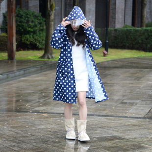 韩版波点时尚风衣式，便携式徒步旅游雨衣外套，女骑行防水连帽长款