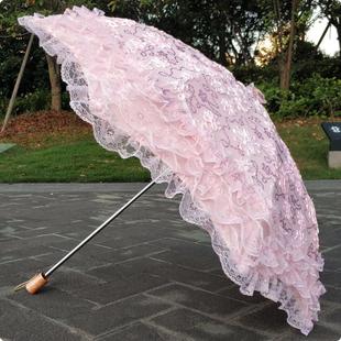 蕾丝刺绣花亮片黑胶，二折防紫外线遮阳太阳伞，公主晴雨伞洋伞粉红色