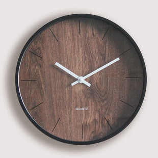 静音无声卧室挂钟塑料仿木纹竹纹圆形12英寸客厅石英钟表挂表