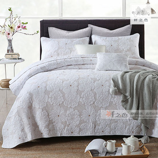 纤之色美式纯色床盖金色繁花绗缝三件套白色套件全棉盖被床罩