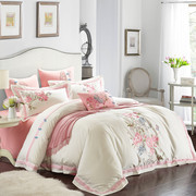 库中式床品纯棉四件套白色粉色，床单式4件套，刺绣被套结婚庆床上厂