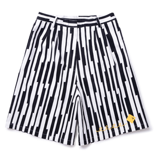 iFashion原创设计 短裤黑白条纹芝士刺绣宽松直筒工装裤五分裤