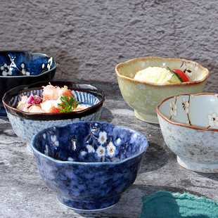 日本进口陶瓷美浓烧餐具米，饭碗小鱼小碗日式和风釉下彩小碗精致