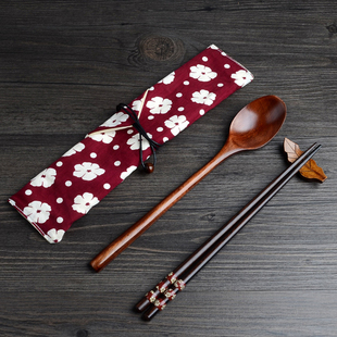 布袋筷子便携筷勺套装创意情侣户外尖头工艺木筷和风餐具防霉