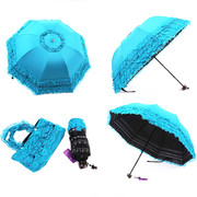 太阳伞防晒防紫外线雨伞，女晴雨两用折叠黑胶，三折伞蕾丝公主遮阳伞