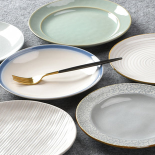创意特色日式餐具西餐盘，手绘圆形陶瓷盘子，菜盘家用牛排盘平盘