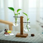 创意简约透明玻璃木架水培花瓶桌面摆件绿萝植物容器装饰品