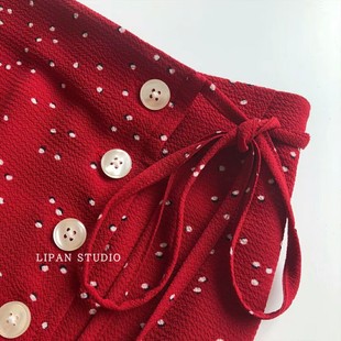 特 纯元~ 法国小众红色圆点 复古高腰半裙系带开叉半身裙