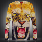 创意个性3d动物头像，大老虎图案印花上衣，非主流时尚男士v领t恤衫