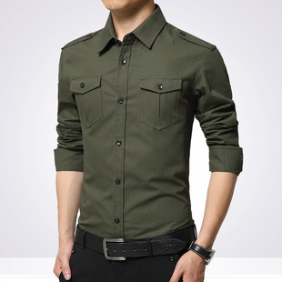 春季军旅风格男式长袖中年纯色衬衫男长袖纯棉工装衬衣带肩章口袋