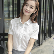 2023夏季韩版职业短袖，衬衫女士修身显瘦白色，纯棉衬衣绣花上衣