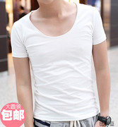 男士白色短袖修身打底衫大圆领t恤紧身男装，韩版纯棉低领半袖衣