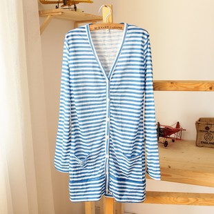 外贸女装 夏季韩版小衫女上衣休闲长款V领条纹长袖开衫1